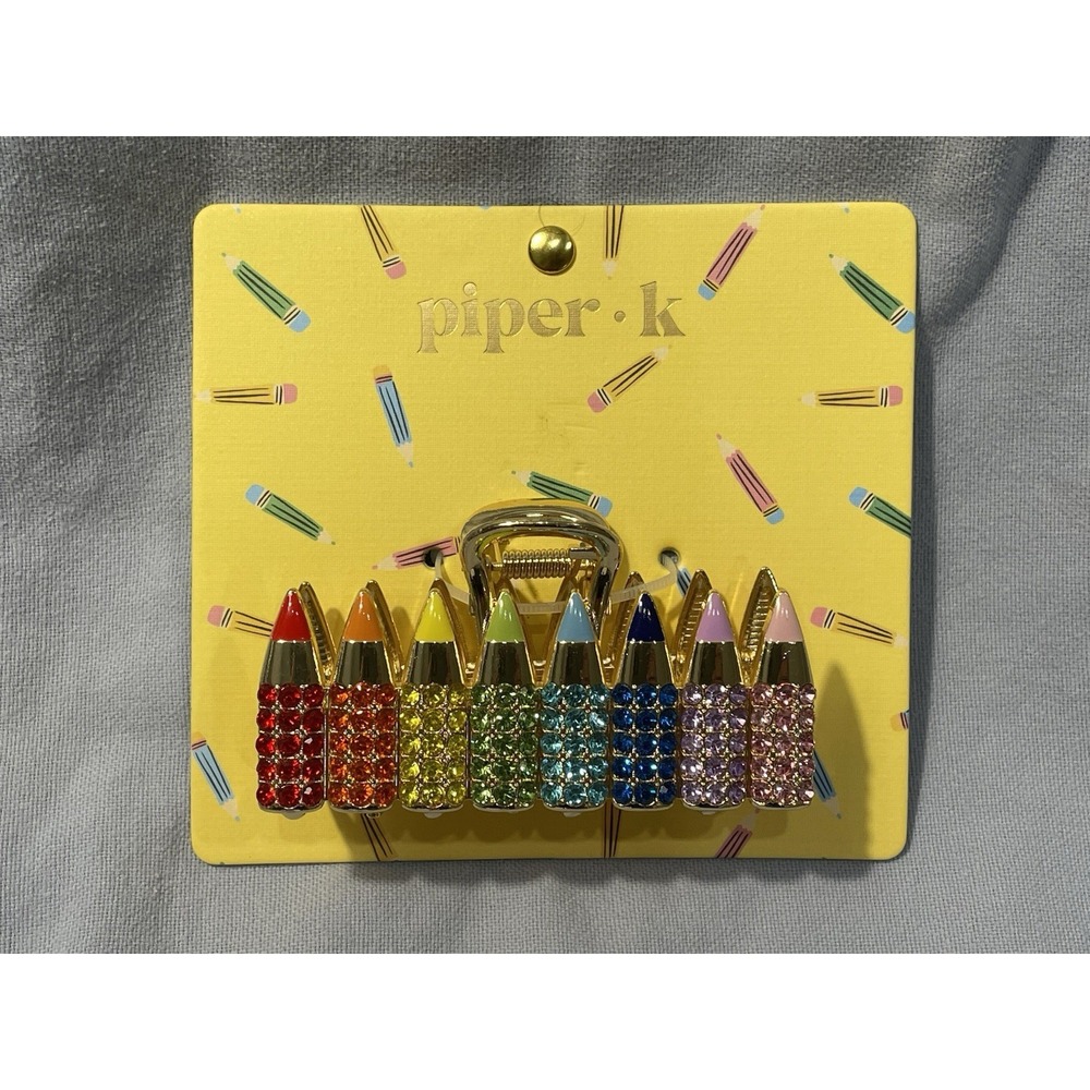 NEW Piper K - Teacher Themed Claw Gold Multicolor Hair Clip - Rhinestone Crayons